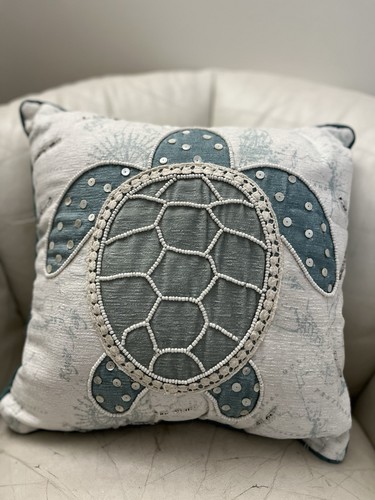 Cottage-Core Turtle Throw Pillow/13”Glass beads, Abalone Sequins/lace/Hand Sewn - Picture 3 of 8