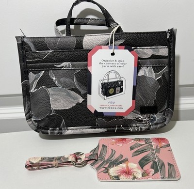 Periea Travel Handbag Organizers Gray Floral Purse and Pink Floral Bag Tag  9x5 