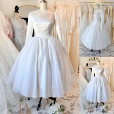 Short Wedding Dresses White Long Sleeves Vintage Satin Ivory Mini Bridal Gowns