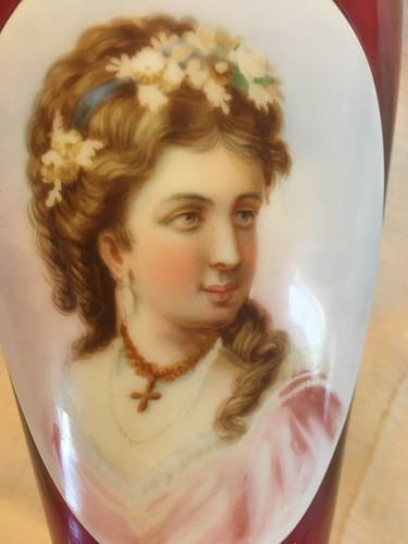 Antique Victorian Ruby Glass Vase Porcelain Medallion Hand Painted - Picture 3 of 6