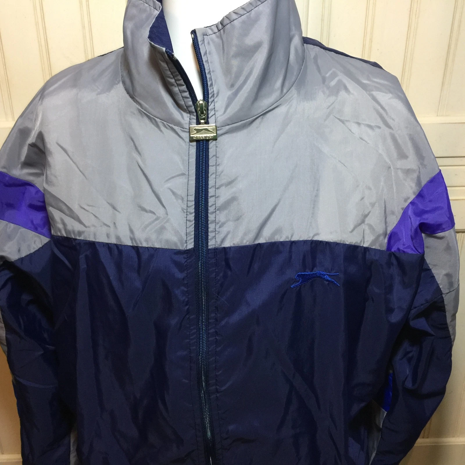 VTG Slazenger Track Windbreaker Jacket Coat Full Zip Sz Large Purple Gray Navy