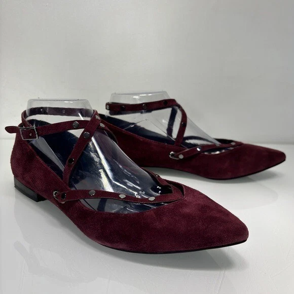 Rebecca Minkoff Faye Dark Maroon Suede Studded Straps Pointed Toe Flats Size 8 — 第 2/4 张图片