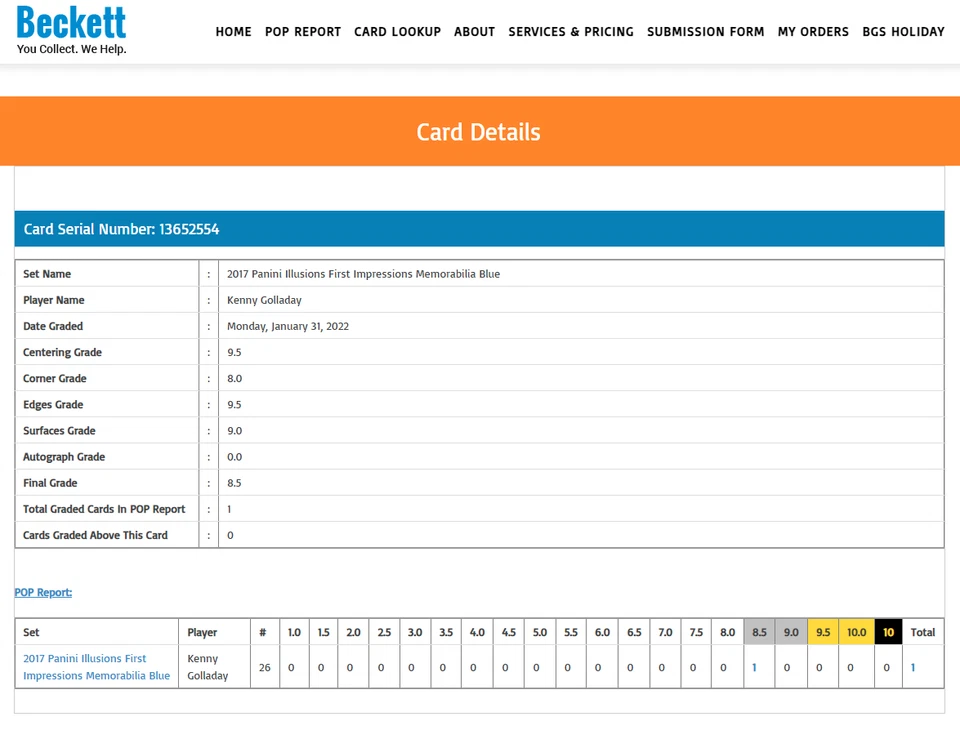 POP 1 Kenny Golladay BGS 8.5+: 2017 Panini Illusions Memorabilia Blue Gisto /100 - Image 3 of 3