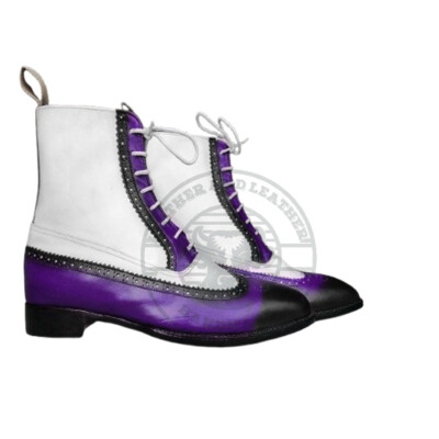 Men's Purple Black White Ankle High Leather Lace Up Wing Tip Brogue Boots