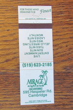MIRAGE GENTLEMEN'S CLUB GIRLIE MATCHBOOK COVER: CAMBRIDGE, ON MATCHCOVER -A23