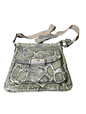 Alba Snakeskin Crossbody Purse Green Python Print 3 Zippers Flap Bag Adjustable