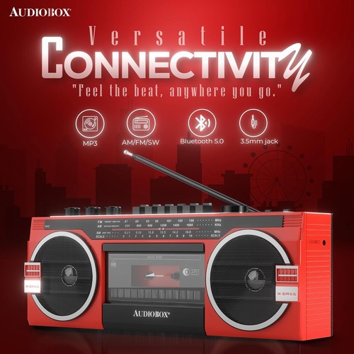 Audiobox Cassette Radio Player MP3 & Recorder W AM/FM/SW Bluetooth Speaker Red - Picture 2 of 6