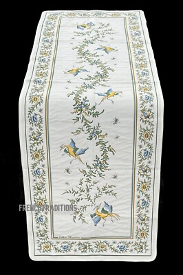 French Provencal Jacquard Woven Runner Moustiers Birds Flowers 19X64 Made France