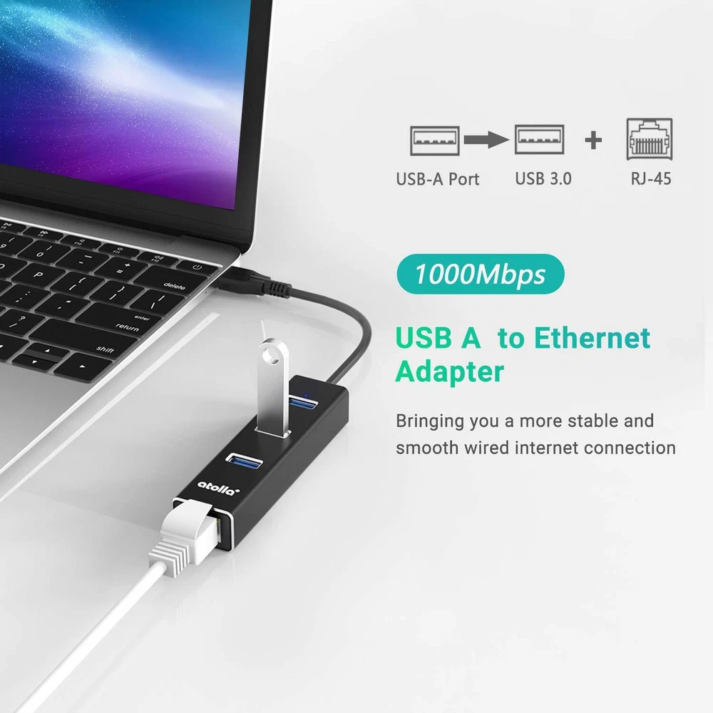 USB to Ethernet Adapter 3-Port USB Hub LAN RJ45 Compatible Windows Mac Linux