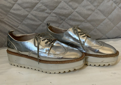 Zara Basic Shoes Metalic Silver Mirror Brogues Lace Up 40 Oxford Platform Shine