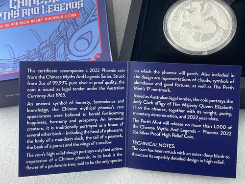 2022 Australia Chinese Myths & Legends PHOENIX 2oz Silver High Relief Coin - Foto 4 di 6