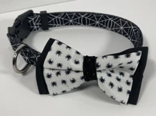 15-20 inch Halloween Dog Collar, Size Medium - Black With Bow Tie Spiders Webs