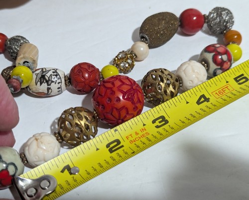 Asian Inspired 34” Long Beaded Necklace Ceramic Beads Rhinestones Wood and Glass - Picture 8 of 11