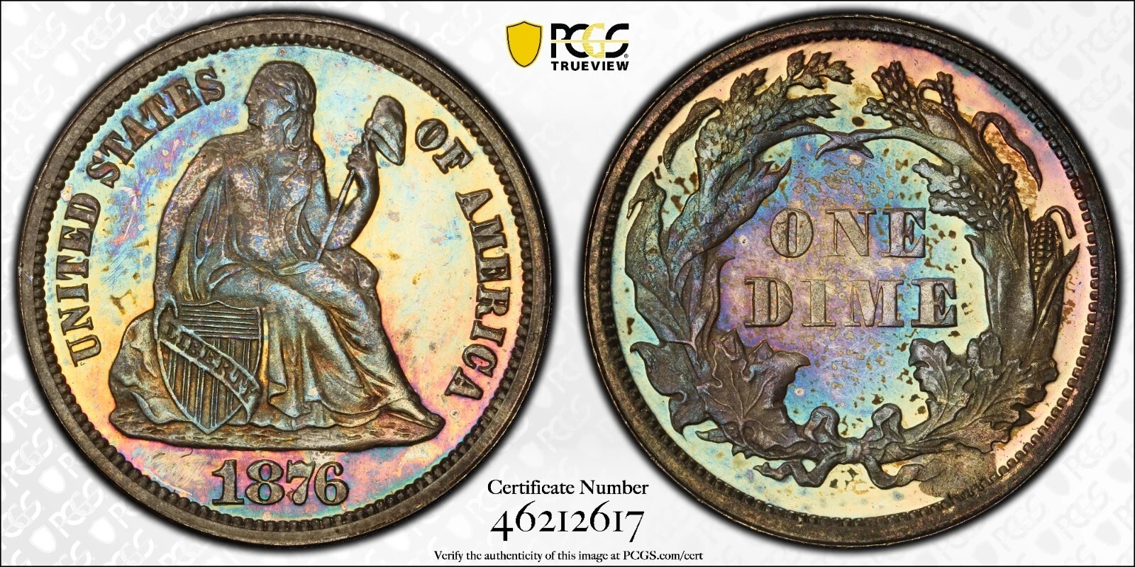 1876 10c PCGS PR-66CAM. RAINBOW TONED SEATED LIBERTY PROOF DIME PCGS POP 1/1^