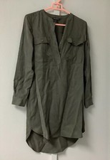 Banana Republic Size 0 Long Sleeve Tunic Dress Green Olive Tencel 1/4 Button