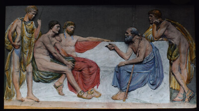 ALTE GRIECHISCHE PHILOSOPHEN IN DISKUSSION UM 1890 HANDKOLORIERT Magische Laterne Dia