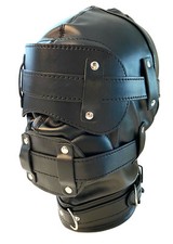BDSM Bondage Leder Maske Kopfmaske schwarz mit Mundknebel und Augenbinde