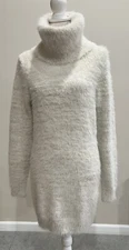 Elan Sweater Dress Women’s Size Small Cowl Neck Gold Glitter Knit Fuzzy Cream