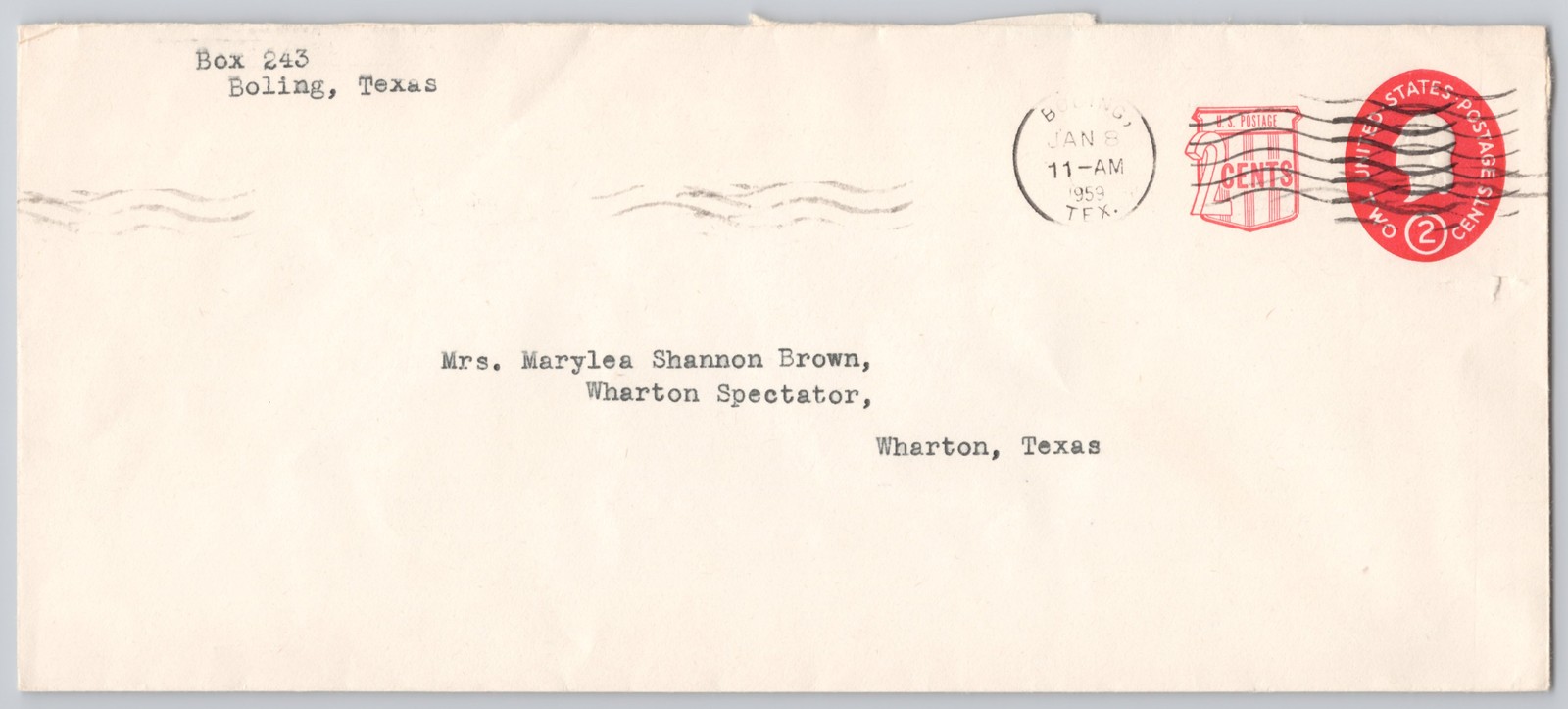 Boling, Texas, Typed Envelope to Wharton Spectator — 2¢ Stamp, — 1959