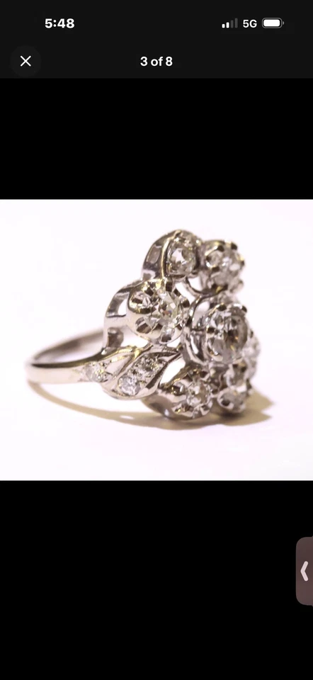 Anillo de moda de diamantes naturales europeos antiguos de oro blanco de 14k de 1,14 quilates 5,8 g vintage 8,5 Foto 3 de 4