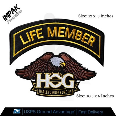Life Member & Large Eagle Harley Davidson Owners Group HOG Embroidery Patch Set