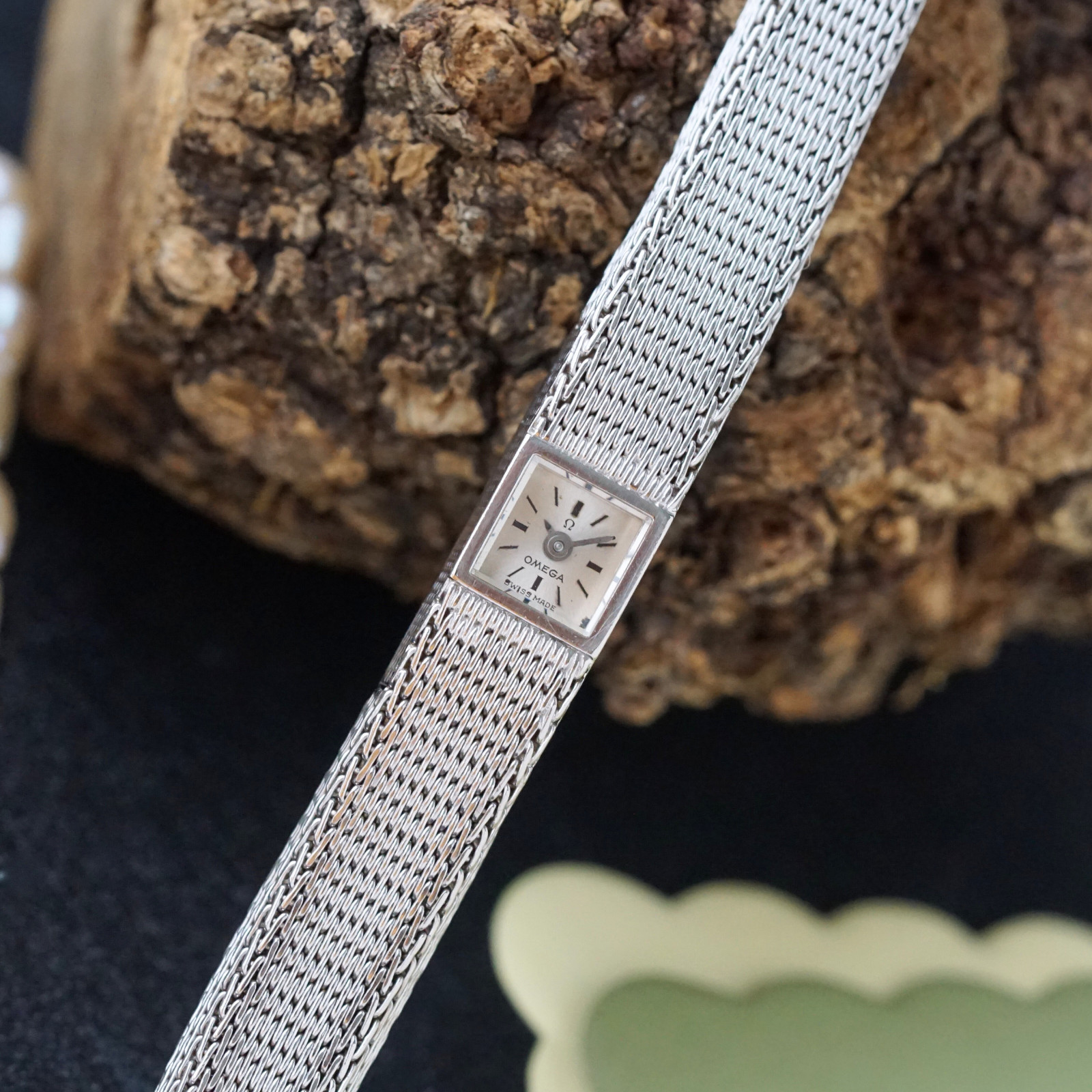 Omega Vintage 18k White Gold Woven Mesh Bracelet 8064 Backwind 1960s image 6