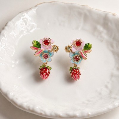 Strawberry Flower Les Nereides STYLE Earrings Enamel Stud CZ Gold Leaf Blossom