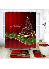 Set Of 5 Holliday Bathroom Set Shower Curtain Rings Bath Mats Christmas Tree