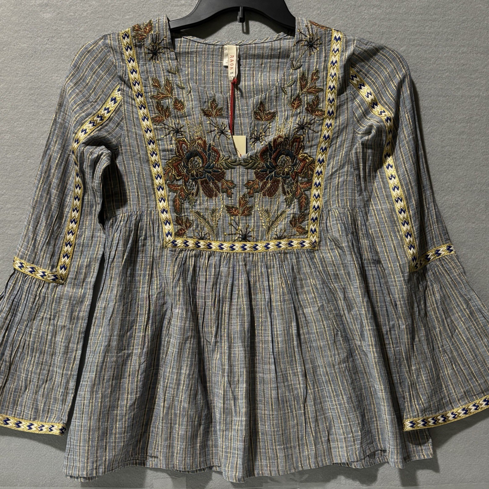 RAGA Blouse Women Sz XS Blue Babydoll Fairy Goddess Peplum Floral Tapestry NWT