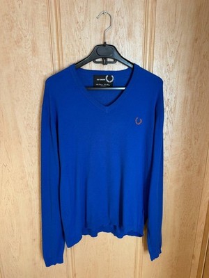 FRED PERRY RAF SIMONS BLUE COMBED COTTON NYLON ELASTHAN SWEATER V-NECK MENS M-L