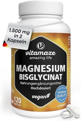 VITAMAZE Magnesium Bisglycinat - 300 mg elementares Mg - 120 vegane Kapseln