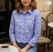 Joie Blouse Blue  Eyelet Embroidered Button-Up Long Sleeve Cotton M