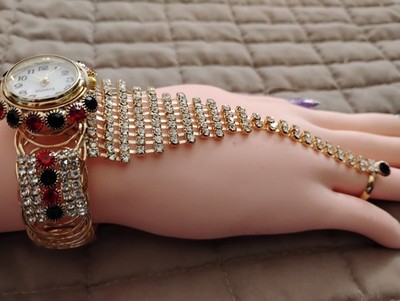 Luxury Jewelry.Rhinestones Bracelet Cuff Watch w. attached Ring. 3 in 1,MULTI