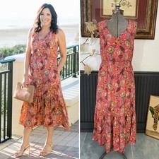Evereve Brielle Floral V Neck Coral Sleeveless Midi Dress Pockets - Sz Med 🧡🎀