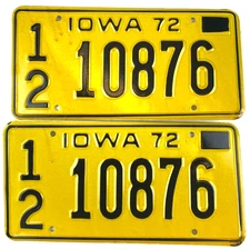 Vintage Iowa Auto 1972 Auto License Plate Set Pair 12 10876 Butler Co. Pub Decor