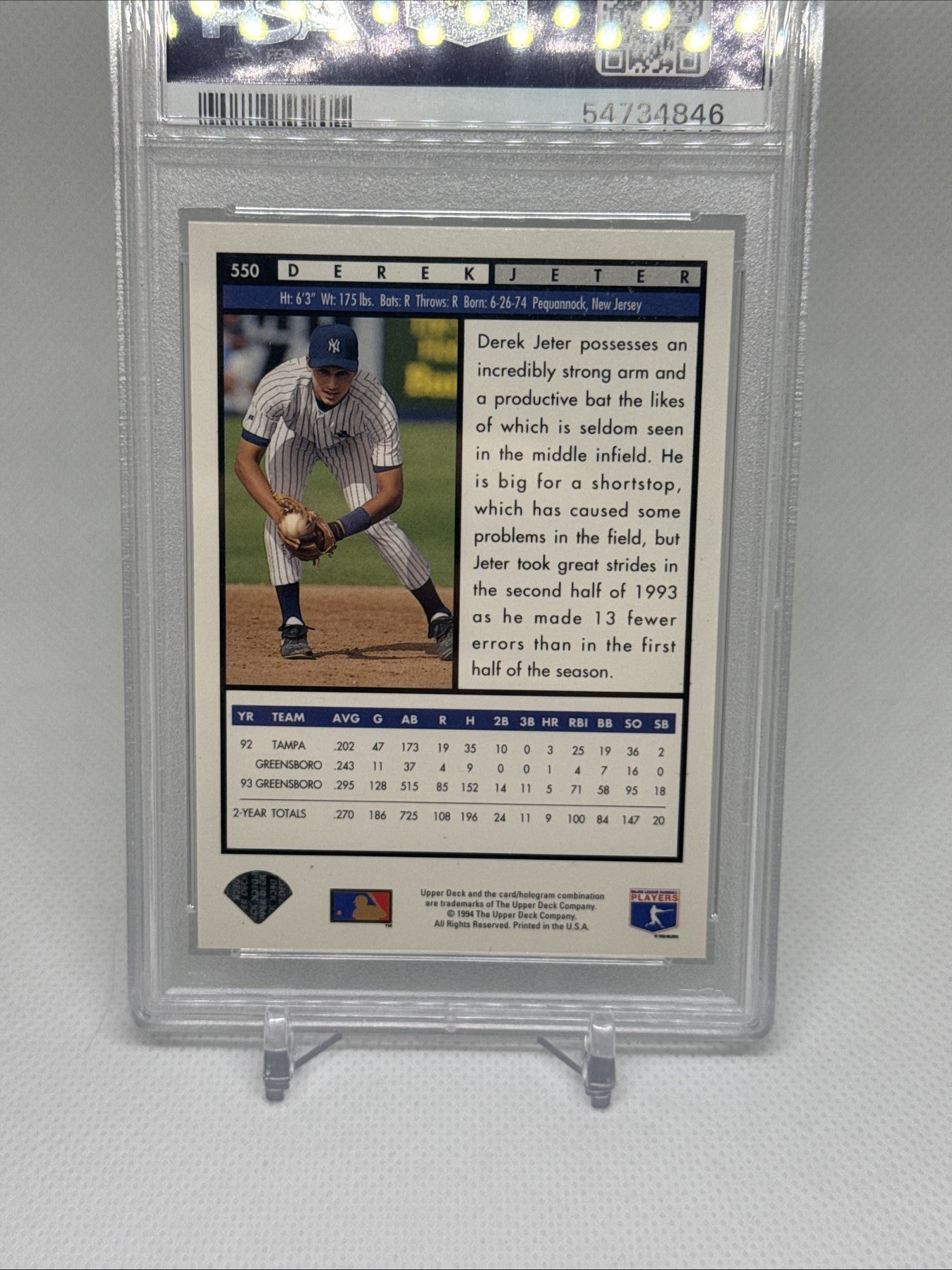 1994 Upper Deck Derek Jeter Top Prospects #550 PSA 8 NM-MT HOF New York Yankees view 3