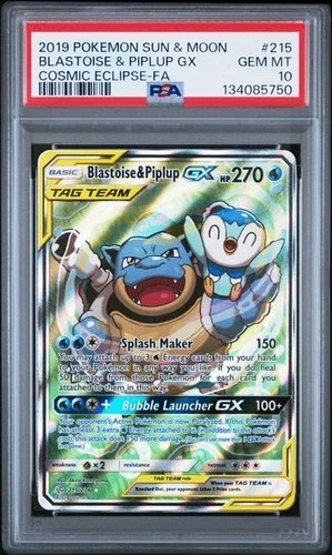 2019 POKEMON SUN & MOON COSMIC ECLIPSE #215 BLASTOISE & PIPLUP GX PSA 10