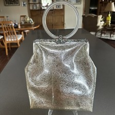 VINTAGE Vinyl Gold Thread Handbag Purse Evening Bag Lucite Rhinestone Flowers