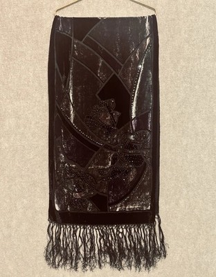Velvet Burnout Scarf Silk Fringe Rectangle 70x20 Rose Purple Black Night Romance