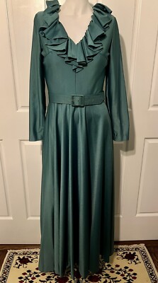 Vintage 1970s PLW Ruffle Trim Emerald Green Nylon Maxi Dress Matching Belt  XS/S | eBay