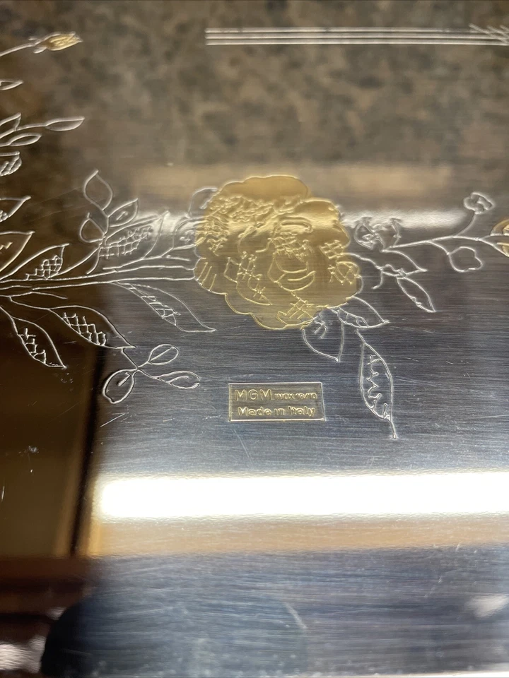 复古米高梅 Inox 18/10 服务托盘花卉金色蚀刻意大利 — 第 3/4 张图片