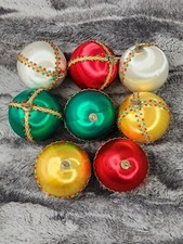 Christmas Ornament Baubles Satin Sheen Multicolor Gold Ribbon Vintage Set Of 8