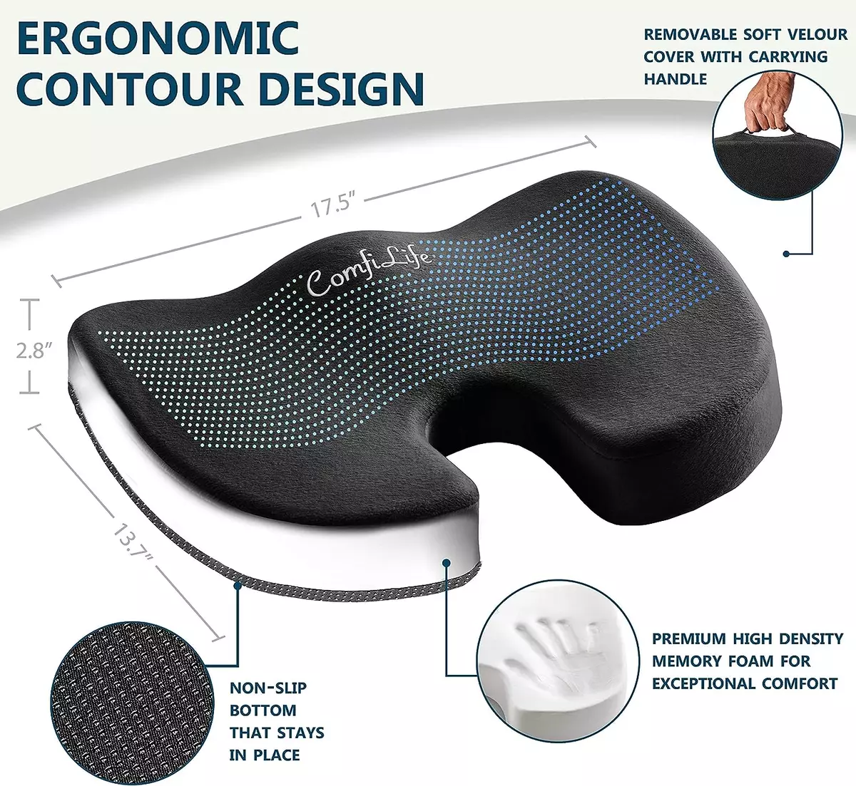 ComfiLife Premium Comfort Seat Cushion - Non-Slip Orthopedic 100% Memory  Foam 