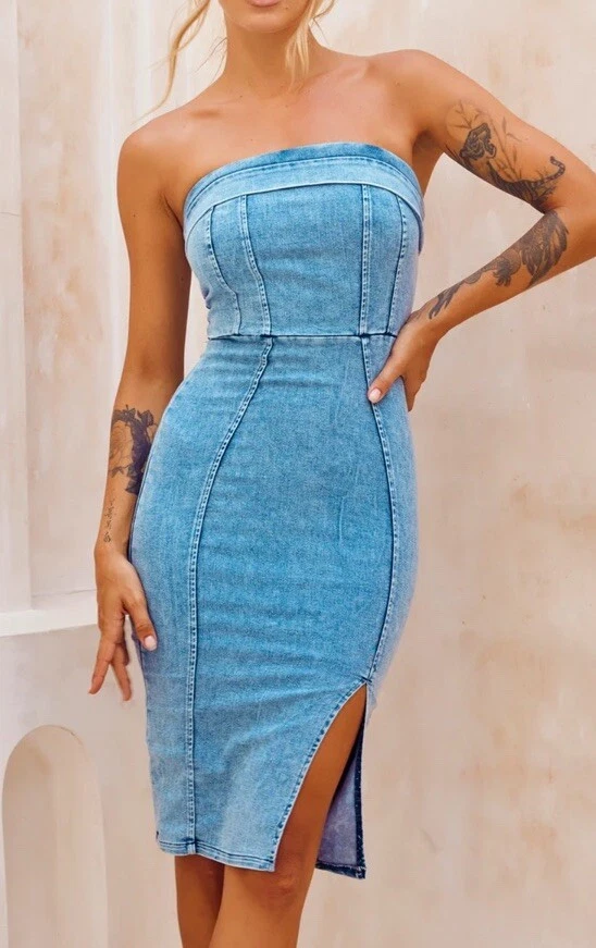 NEW TIGERMIST DENIM BLUE STRAPLESS BODYCON MIDI DRESS XS 6 LAST1 eBay
