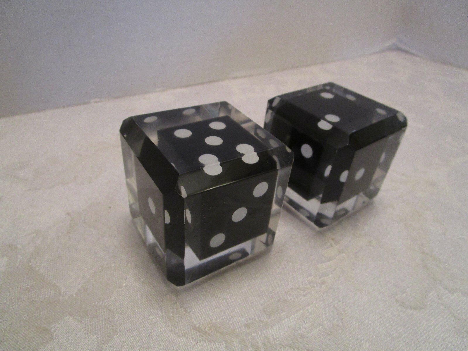 Vintage Set 2 Dice Clear & Black Lucite acrylic Encased Beveled edge 1.9” W 1960