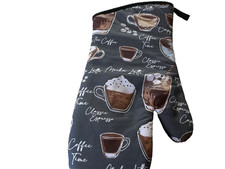 Kitchen Printed Oven Mitt 7"x13" COFFEE CUPS  TYPES ON GREY