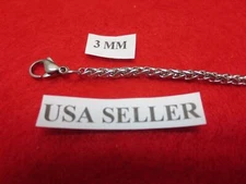 3 mm Stainless Steel Silver 7"-44" Braided Wheat Rope Unisex Necklace Chain