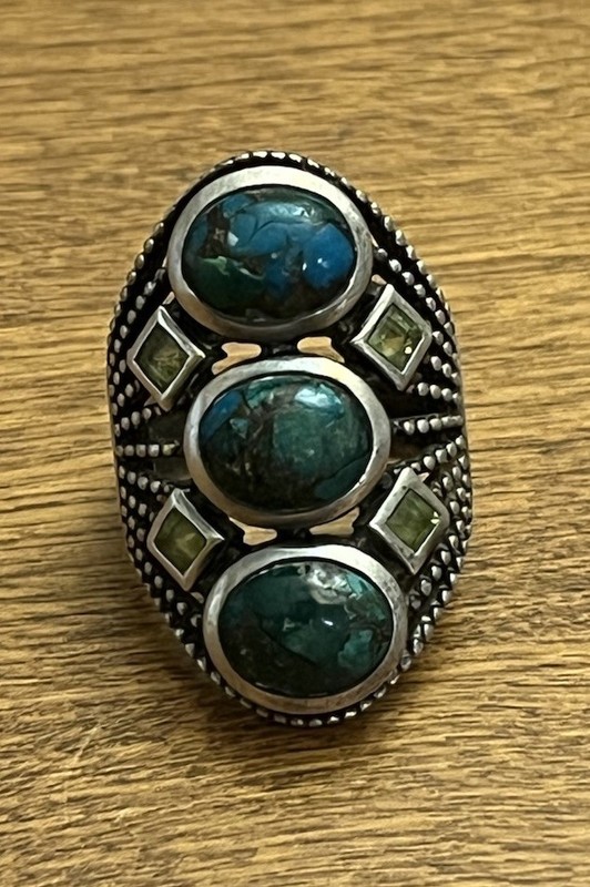 Vintage Sterling Silver Turquoise & Peridot PTI India Cocktail Ring. Size 5.75