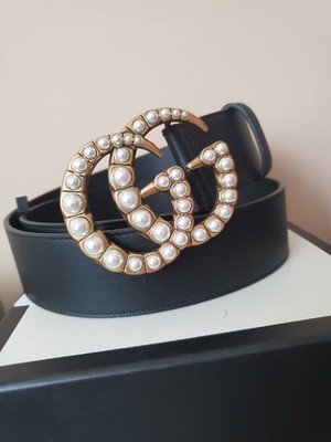 GUCCI Authentic GG Pearl Buckle Women's Black Leather Belt 95cm | eBay