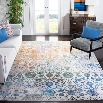 Aria 9' x 12' Area Rug - Grey & Green Boho Floral Design